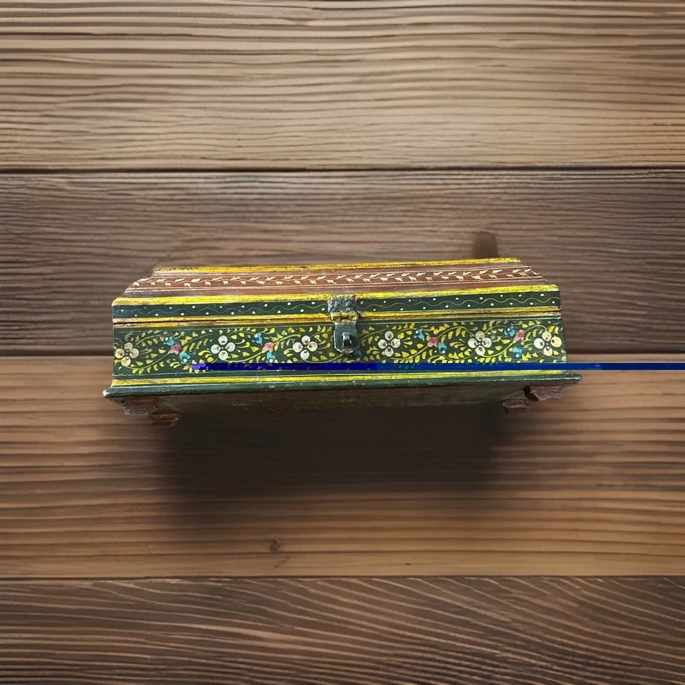 Vintage Wooden Box Ornate Hand Painted Indian‎ Design Jewelry Trinket Storage